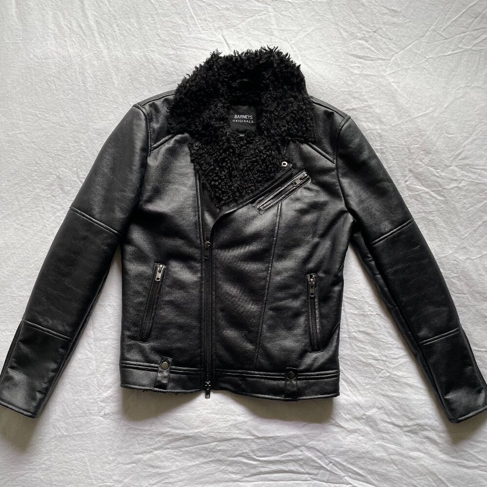 Barneys Originals Black Faux Leather Sherpa Jacket